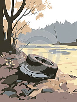 An old rusty car tire lying in a pile of debris on a riverbank.. AI generation