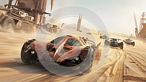 Old rusty cars race at post apocalypses, view of vintage vehicles and futuristic buildings in desert like fantasy movie. Concept photo