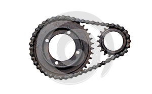 Old rusty chain gear, small and large collars joined by a chain. Isolated on a white background with clipping path.