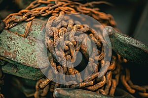 Old rusty chain, industrial metal steel object