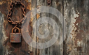 Old rusty chain and padlock on a wooden door, copy space
