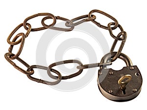 Old rusty chain is padlocked with a keyed padlock isolated on white