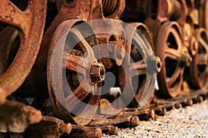 Old rusty crawler tractor tracks, selective focus