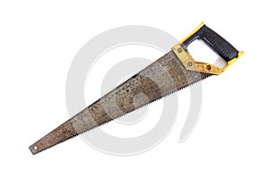 Old rusty crosscut saw with scales isolated on white background. Old hand saw isolated