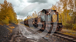 Old rusty diesel locomotive with open carriages carrying coal