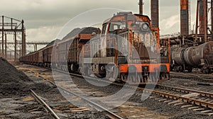 Old rusty diesel locomotive with open carriages carrying coal.Coal mining industry