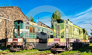 Old rusty diesel locomotives at Gyumri Depot in Armenia