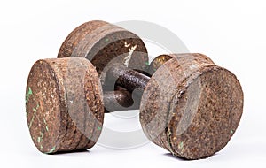 Old rusty dirty dumbbells. Old dumbbells on white background