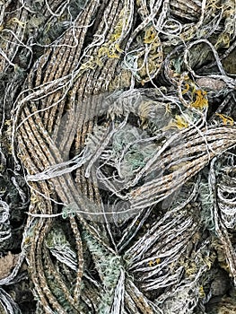 Old rusty dirty thin ropes, textured closeup. Rope decay decompose