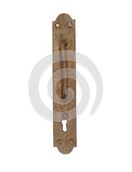 Old rusty door handle with keyhole isolated on white background. photo