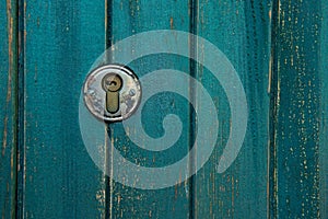 Old rusty and dusty keyhole wallpaper. Vintage keyhole on old wooden door background. Keyhole of old door.