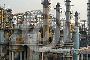 Old rusty factory metal structures with pipes.