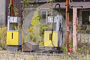 Old rusty gas station and dispensers abandoned and overgrown with vegetation on a sunny day. Summer