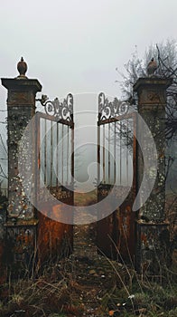 Old rusty gate leading into a foggy path