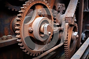 old, rusty gear mechanism interlinked with chains