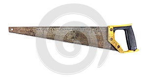 Old rusty hand saw isolated on white background. Old hand saw isolated