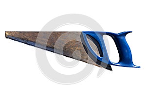 An old, rusty hand saw for wood with a blue plastic handle, isolated on white background with a clipping path.