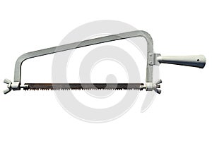An old, rusty hand saw for wood with a gray metal handle, isolated on white background with a clipping path.