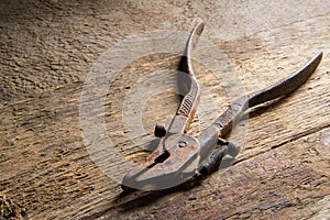An old rusty hand tool on a background of wood.