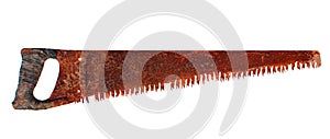 Old rusty handsaw on white background