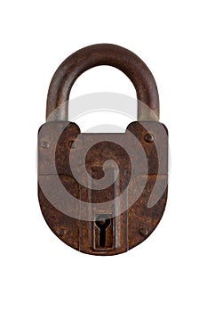 old rusty hinged barn lock isolated on white background top view.
