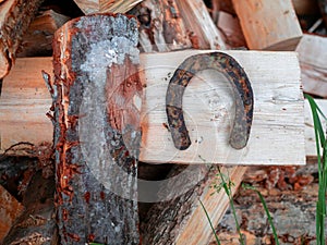 Old rusty horse shoe on a big wooden log. Symbol on luck in a country setting. Rural theme