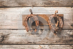 Old rusty horseshoes on vintage wooden board