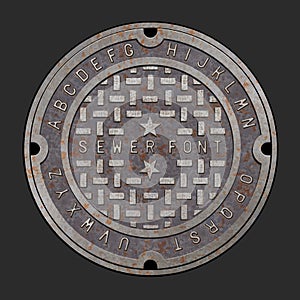 Old rusty iron alphabet font on realistic manhole cover.