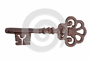 Old rusty key isolated on white background