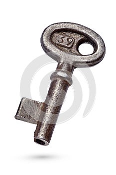 Old rusty key isolated on white background