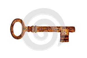 Old rusty key on a white background