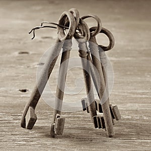 Old and rusty keys, in sepia tone