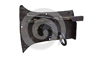 Old rusty large iron lock with a unique design key on a white background