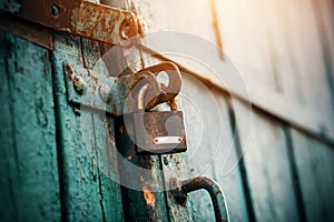 An old rusty lock hangs on the abandoned wooden gate, painted blue, which closes them. Secret