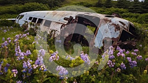Old rusty lost abandoned crashed bus in meadow with flowers on bright summer day. Accident consequences