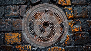 An old rusty manhole cover on a textured street.