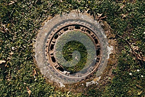 Old rusty manhole covered with grass