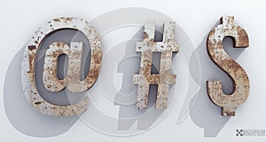 Old rusty metal arroba, hashtag, dolar, sign, Alphabet retro 3d render. photo