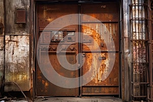 Old rusty metal door front view from distance generative AI