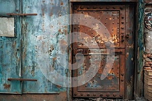 Old rusty metal door front view from distance generative AI