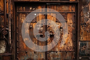 Old rusty metal door front view from distance generative AI