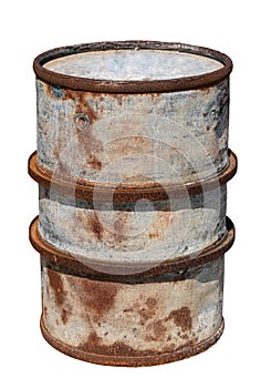 Old rusty metal fuel barrel on white