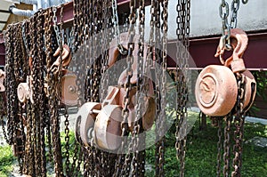 Old rusty metal hoist chain and pulley