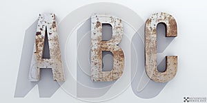 Old rusty metal. Letters A, B, C. Alphabet retro 3d render.