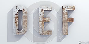 Old rusty metal. Letters D, E, F. Alphabet retro 3d render.