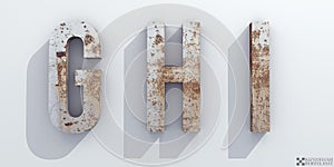 Old rusty metal. Letters G, H, I. Alphabet retro 3d render.