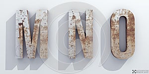 Old rusty metal. Letters M, N, O.. Alphabet retro 3d render.
