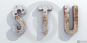 Old rusty metal. Letters S, T, U. Alphabet retro 3d render.