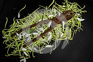 Old rusty metal scissors on a green grass background