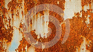 Old rusty metal sheet abstract background, rust on painted weathered steel sheet